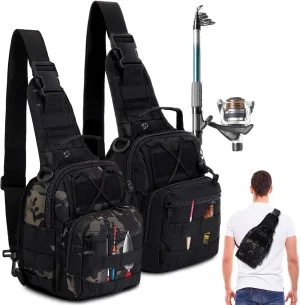 Abbylike 2 Pcs Small Fishing Backpack Fly Fishing Sling Pack Compact & Waterproof Outdoor 600d Oxford Cloth Tackle Bag with Multiple Storage Compartments Ideal for Fishing, Hiking, and Travel