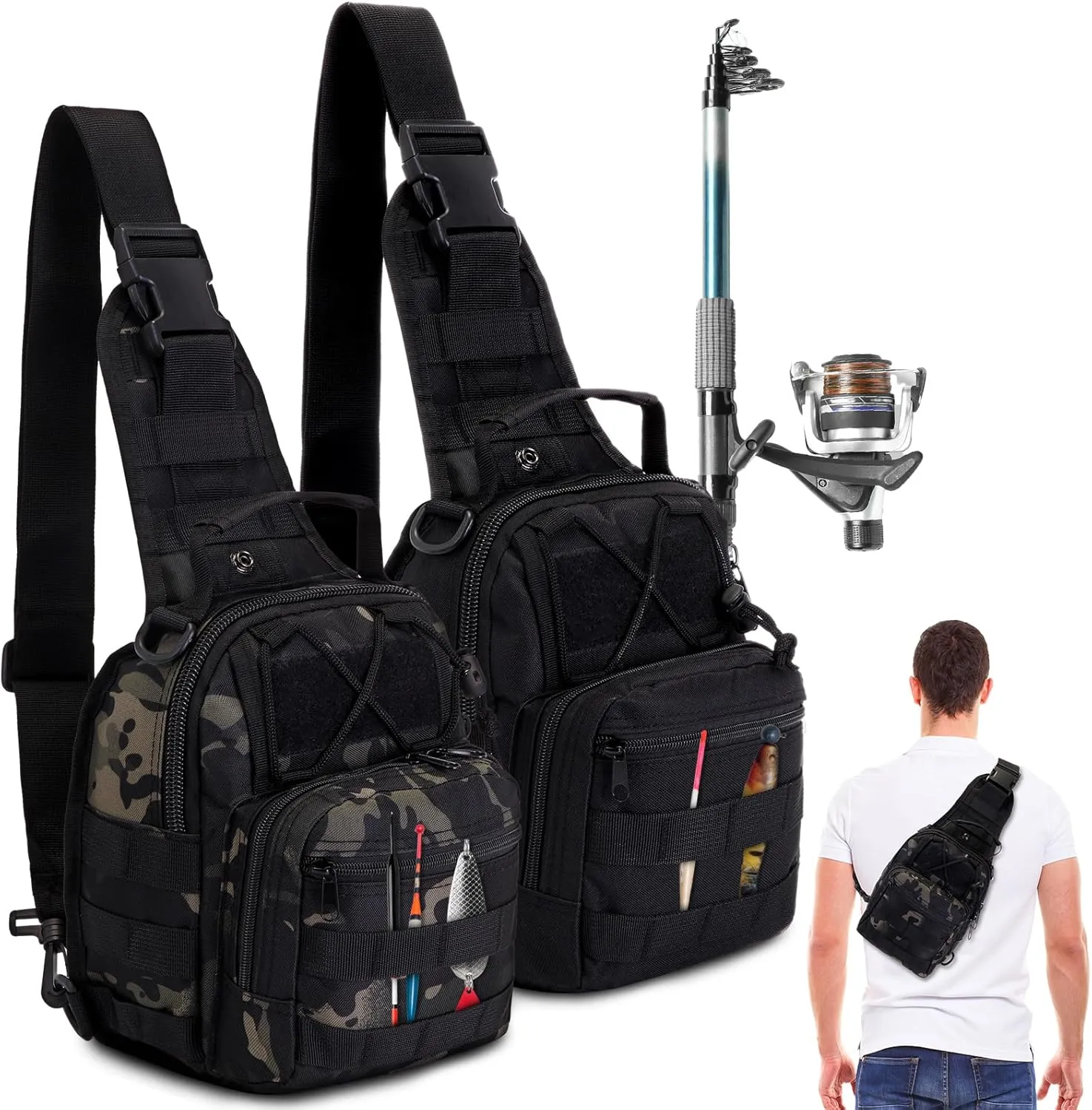 Abbylike 2 Pcs Small Fishing Backpack Fly Fishing Sling Pack Compact & Waterproof Outdoor 600d Oxford Cloth Tackle Bag with Multiple Storage Compartments Ideal for Fishing, Hiking, and Travel