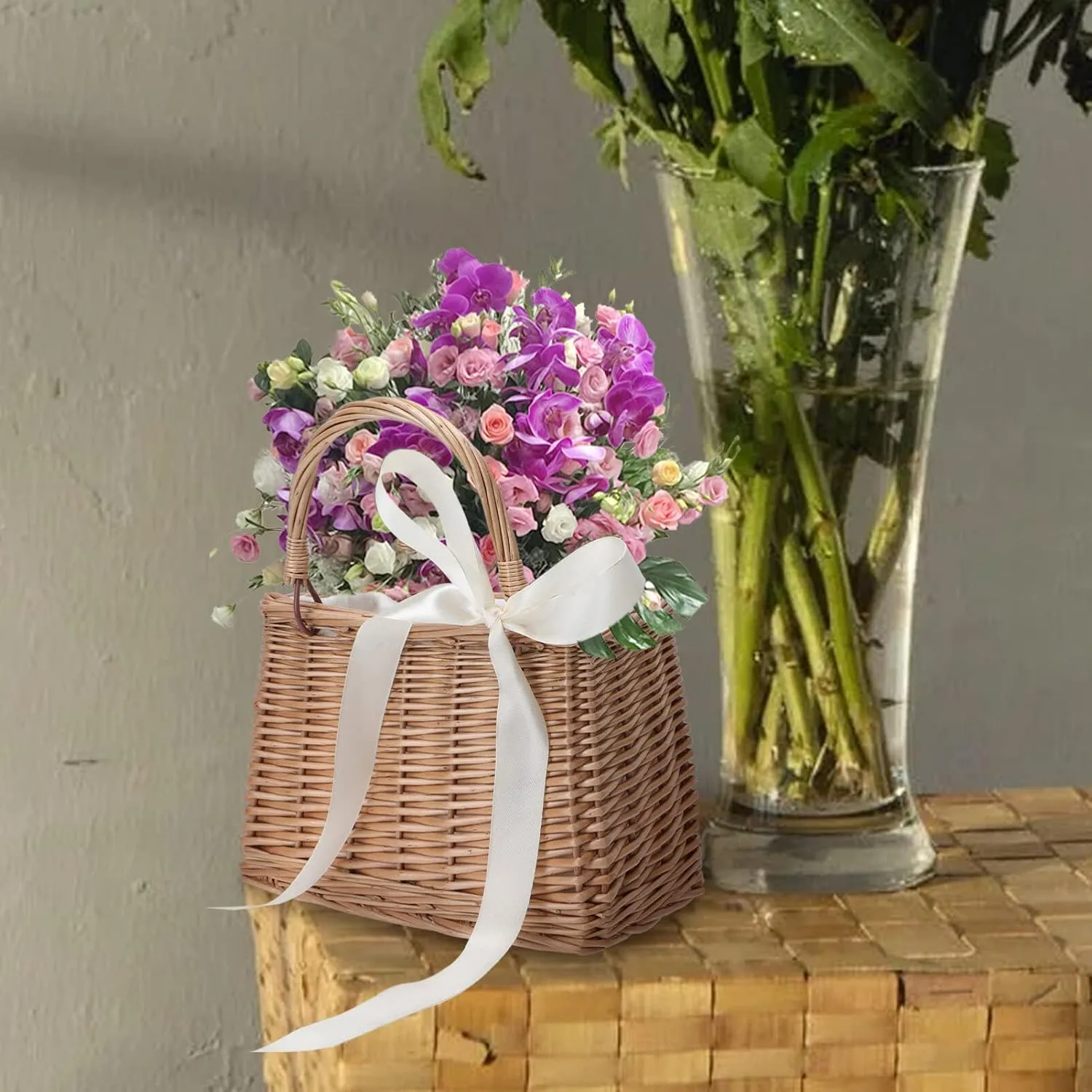 ABOOFAN Natural Handwoven Wicker Handbag,Rectangular Basket Purse Women Straw Tote Boho Style Beach Bag Flower Basket Summer Clutch Rattan Woven Purse Crochet Tote White