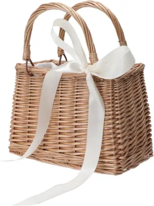 ABOOFAN Natural Handwoven Wicker Handbag,Rectangular Basket Purse Women Straw Tote Boho Style Beach Bag Flower Basket Summer Clutch Rattan Woven Purse Crochet Tote White