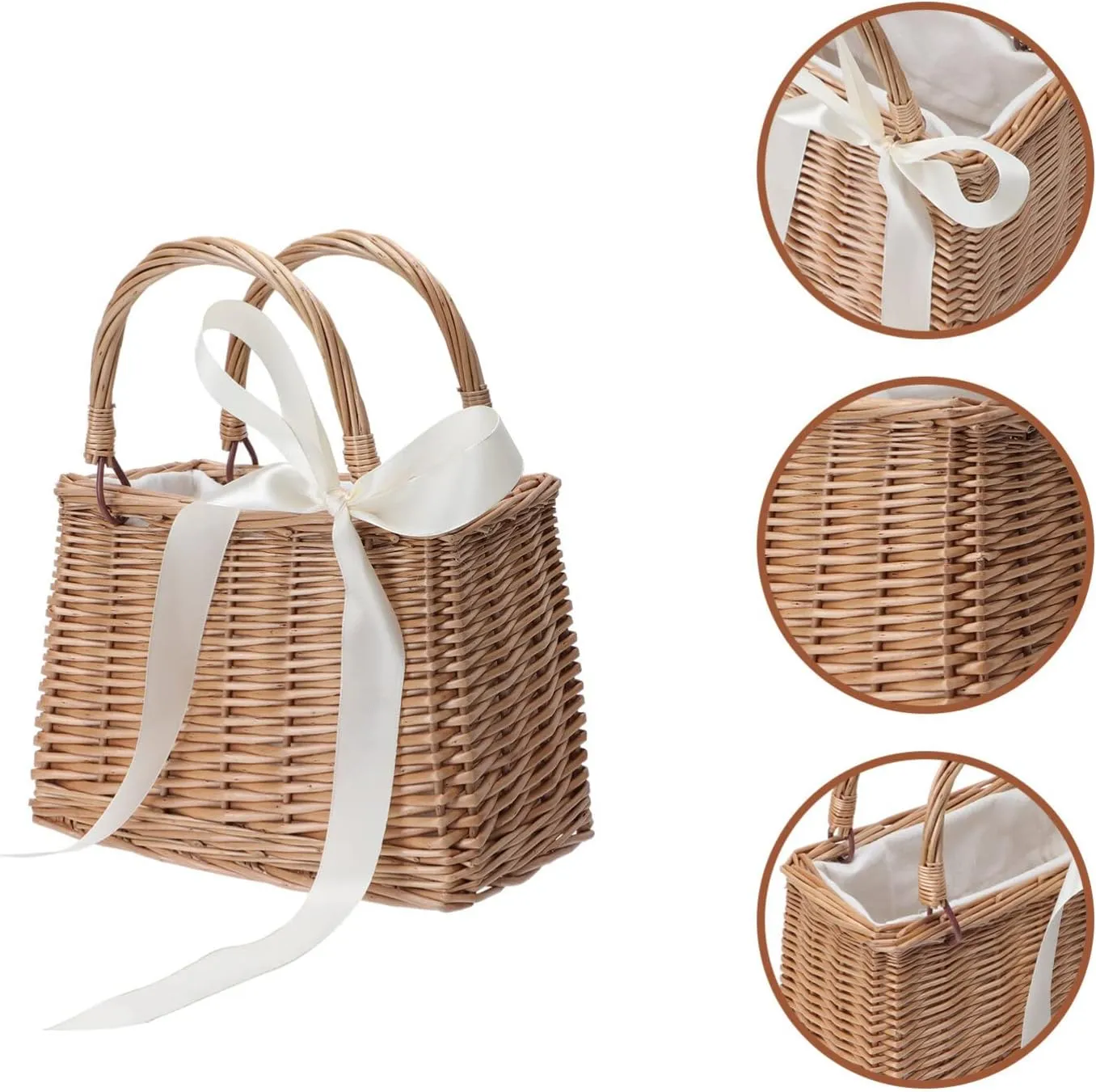 ABOOFAN Natural Handwoven Wicker Handbag,Rectangular Basket Purse Women Straw Tote Boho Style Beach Bag Flower Basket Summer Clutch Rattan Woven Purse Crochet Tote White