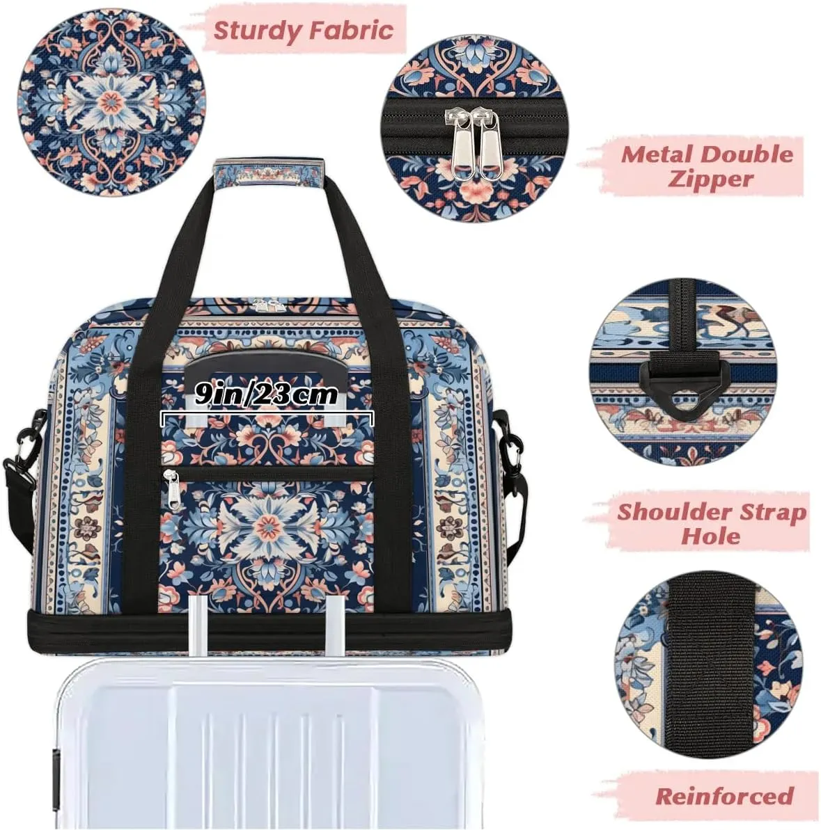 Abstract Flora Pattern Boho Travel Duffle Bag, Collapsible Travel Bag Sports Gym Bag With Shoes Compartment Weekender Bag Overnight Bag For Women Men
