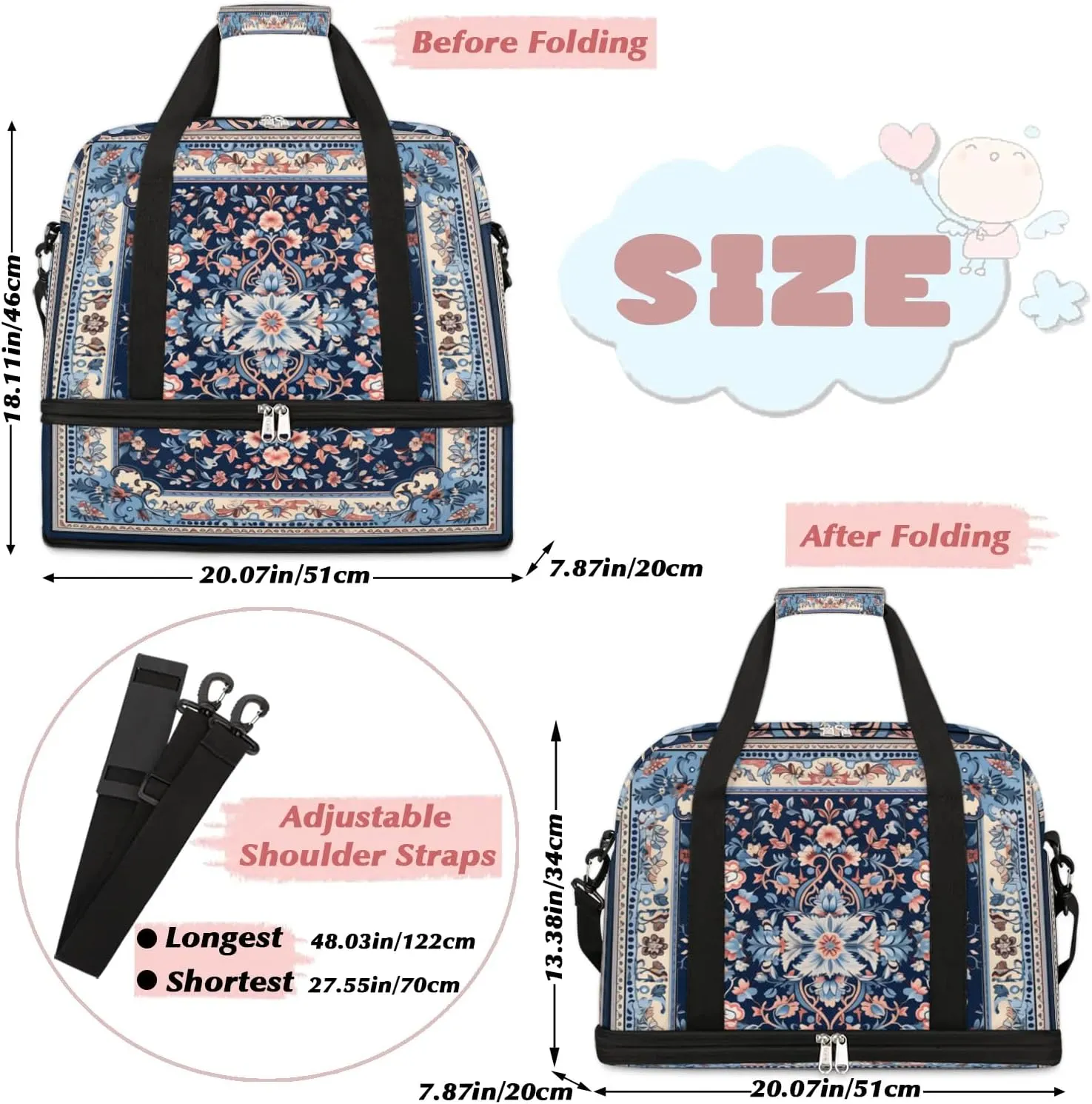 Abstract Flora Pattern Boho Travel Duffle Bag, Collapsible Travel Bag Sports Gym Bag With Shoes Compartment Weekender Bag Overnight Bag For Women Men
