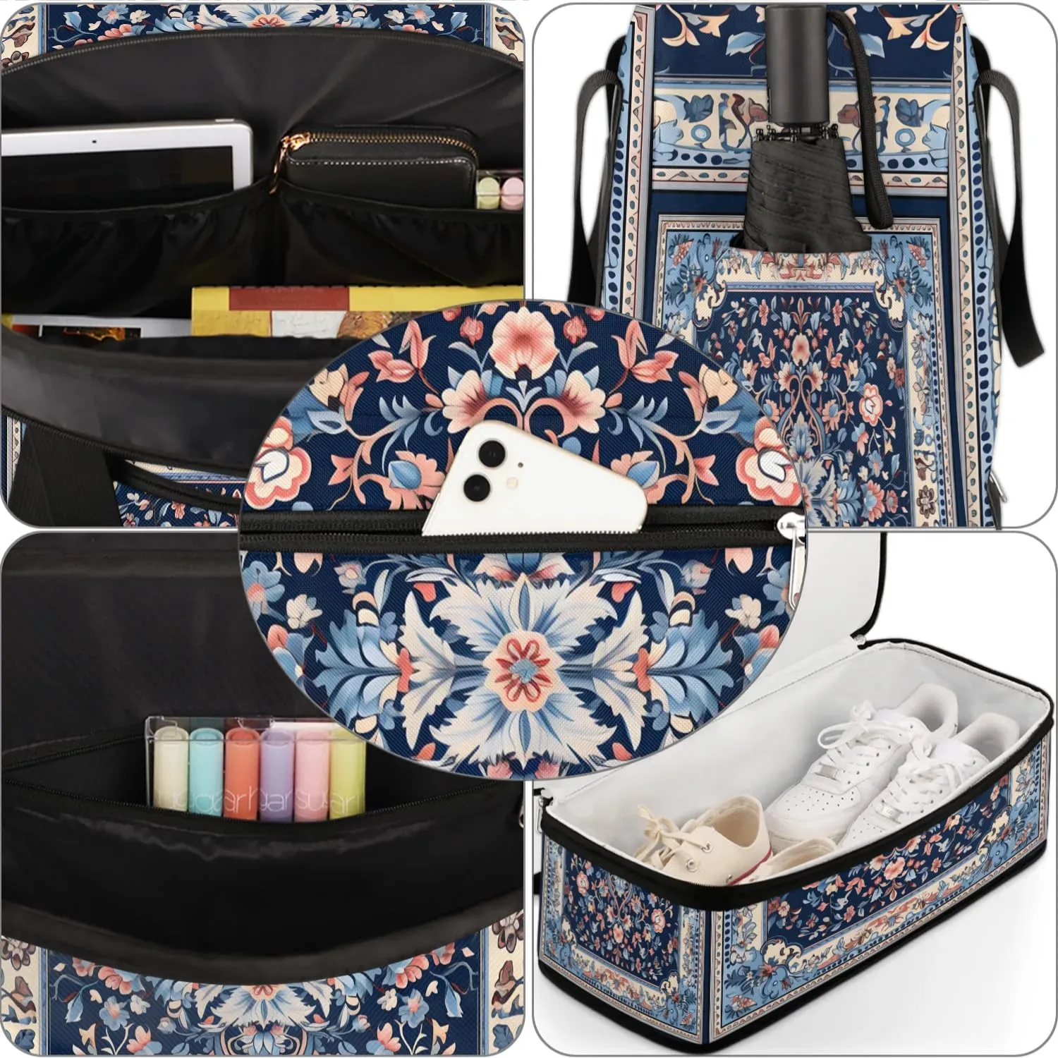 Abstract Flora Pattern Boho Travel Duffle Bag, Collapsible Travel Bag Sports Gym Bag With Shoes Compartment Weekender Bag Overnight Bag For Women Men