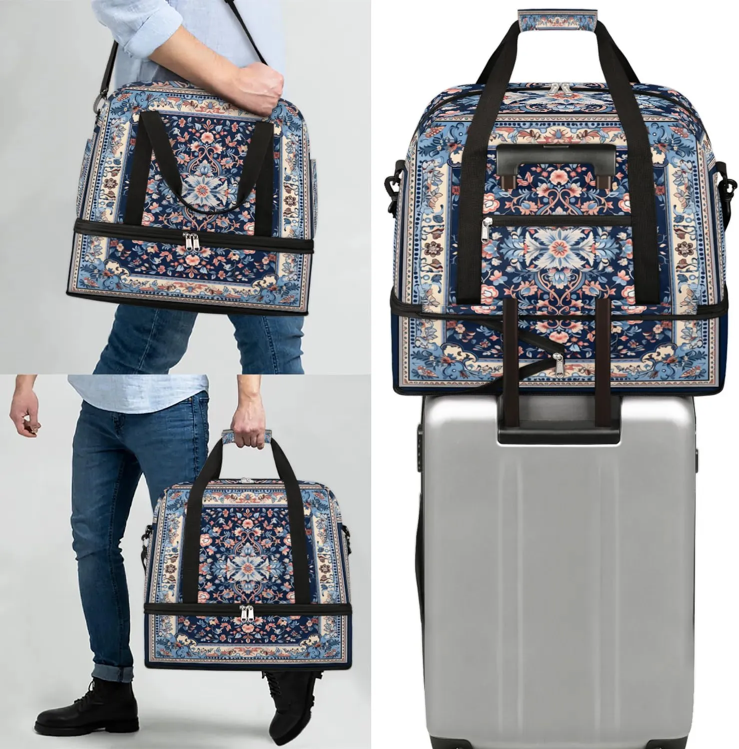 Abstract Flora Pattern Boho Travel Duffle Bag, Collapsible Travel Bag Sports Gym Bag With Shoes Compartment Weekender Bag Overnight Bag For Women Men