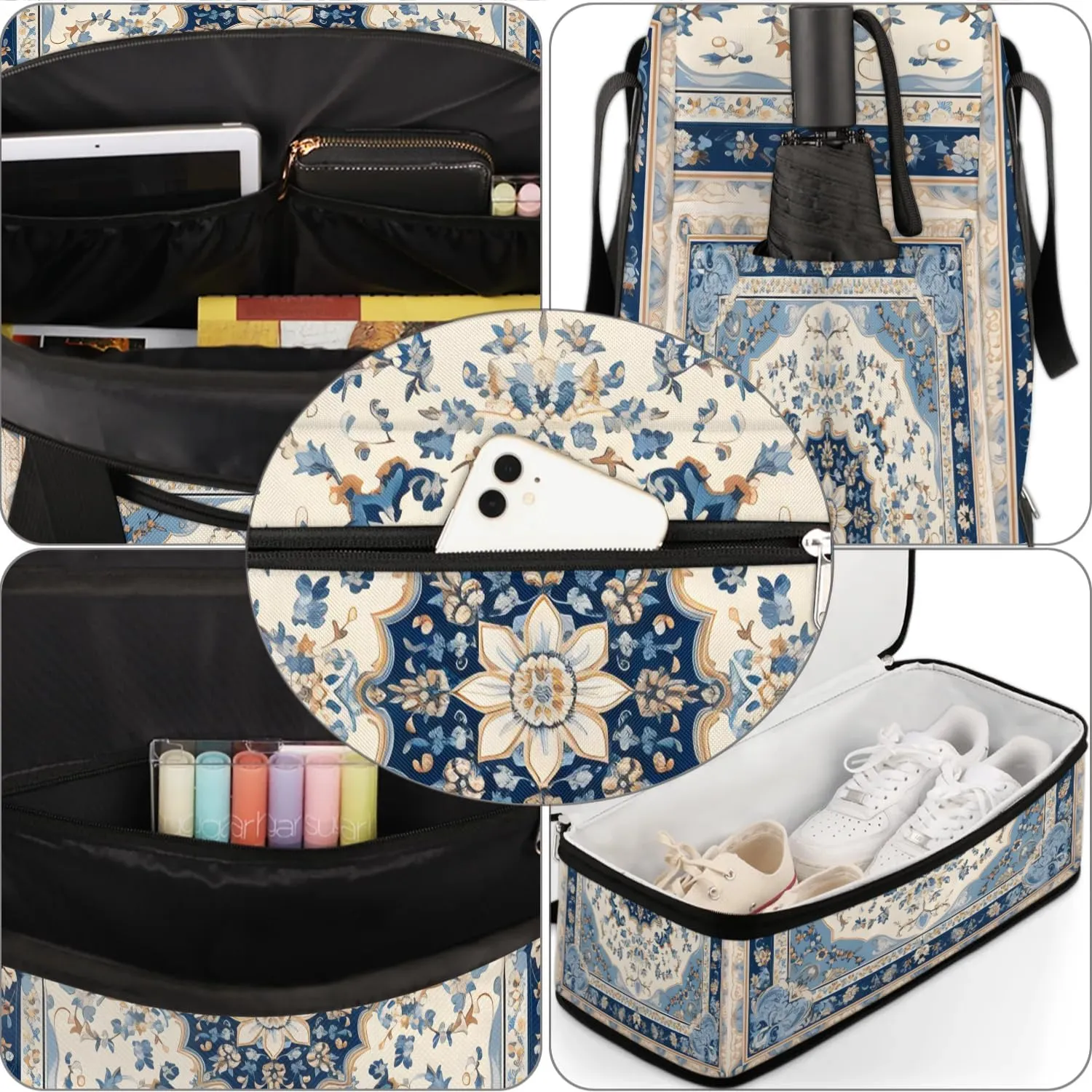 Abstract Flora Retro Printings Travel Duffle Bag, Collapsible Travel Bag Sports Gym Bag With Shoes Compartment Weekender Bag Overnight Bag For Women Men