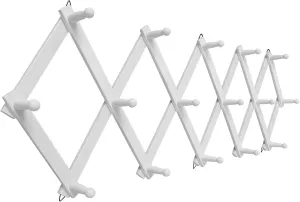 Accordion Wall Hanger with 16 Hooks, Wooden Coffee Mug Rack for Wall, Expandable Accordion Hook Rack Wall Mounted for Mug, Tea Cup, Purse,Coat, Hat, Cap(White)