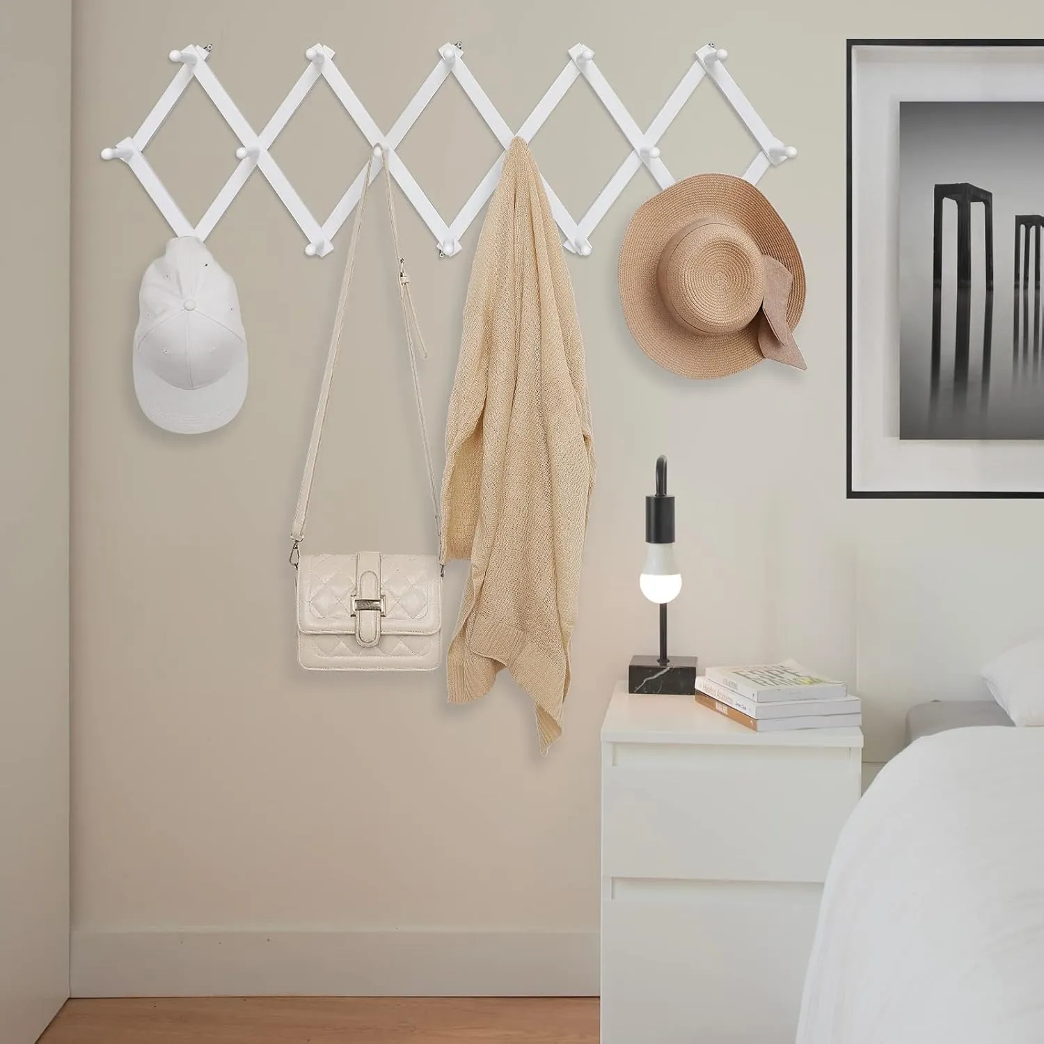 Accordion Wall Hanger with 16 Hooks, Wooden Coffee Mug Rack for Wall, Expandable Accordion Hook Rack Wall Mounted for Mug, Tea Cup, Purse,Coat, Hat, Cap(White)
