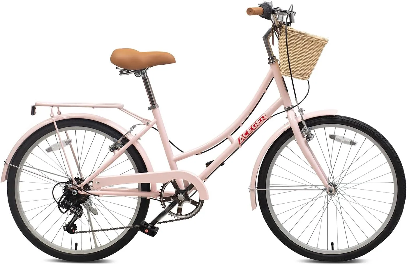 ACEGER Girls Bike with Rattan Basket for 10  Years, 24" 26" 1 & 7 Speed Comfort Commute Bicycle, Included Dual Brakes & Seat Rack, Adjustable Handlebar & Saddle,Multiple Colors