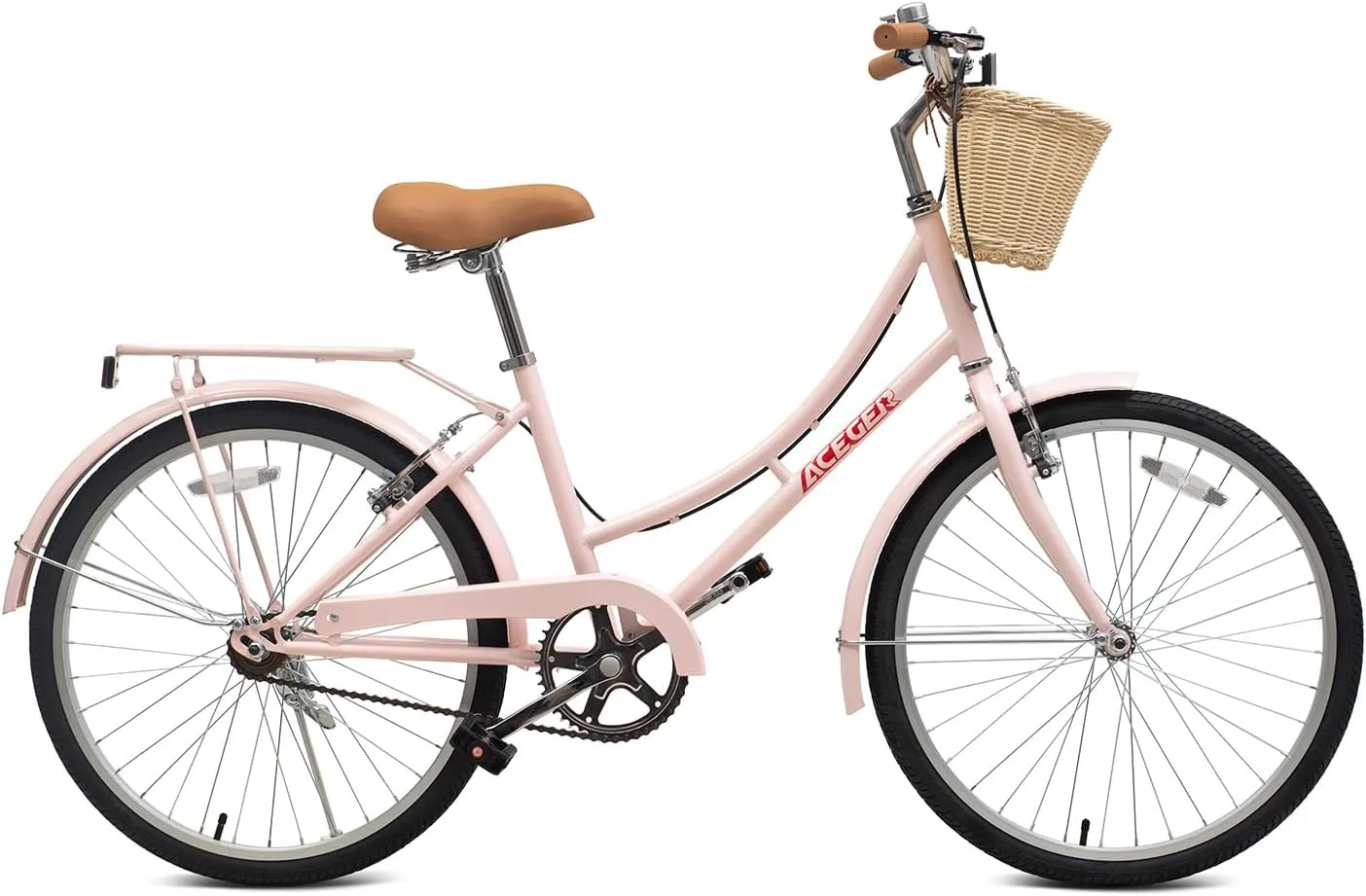 ACEGER Girls Bike with Rattan Basket for 10  Years, 24" 26" 1 & 7 Speed Comfort Commute Bicycle, Included Dual Brakes & Seat Rack, Adjustable Handlebar & Saddle,Multiple Colors