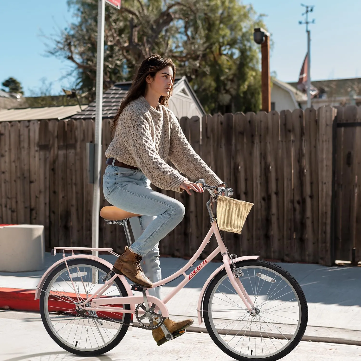 ACEGER Girls Bike with Rattan Basket for 10  Years, 24" 26" 1 & 7 Speed Comfort Commute Bicycle, Included Dual Brakes & Seat Rack, Adjustable Handlebar & Saddle,Multiple Colors
