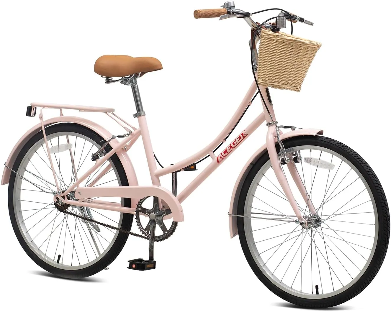 ACEGER Girls Bike with Rattan Basket for 10  Years, 24" 26" 1 & 7 Speed Comfort Commute Bicycle, Included Dual Brakes & Seat Rack, Adjustable Handlebar & Saddle,Multiple Colors