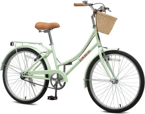 ACEGER Girls Bike with Rattan Basket for 10  Years, 24" 26" 1 & 7 Speed Comfort Commute Bicycle, Included Dual Brakes & Seat Rack, Adjustable Handlebar & Saddle,Multiple Colors