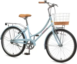 ACEGER Girls Bike with Rattan Basket for 10  Years, 24" 26" 1 & 7 Speed Comfort Commute Bicycle, Included Dual Brakes & Seat Rack, Adjustable Handlebar & Saddle,Multiple Colors