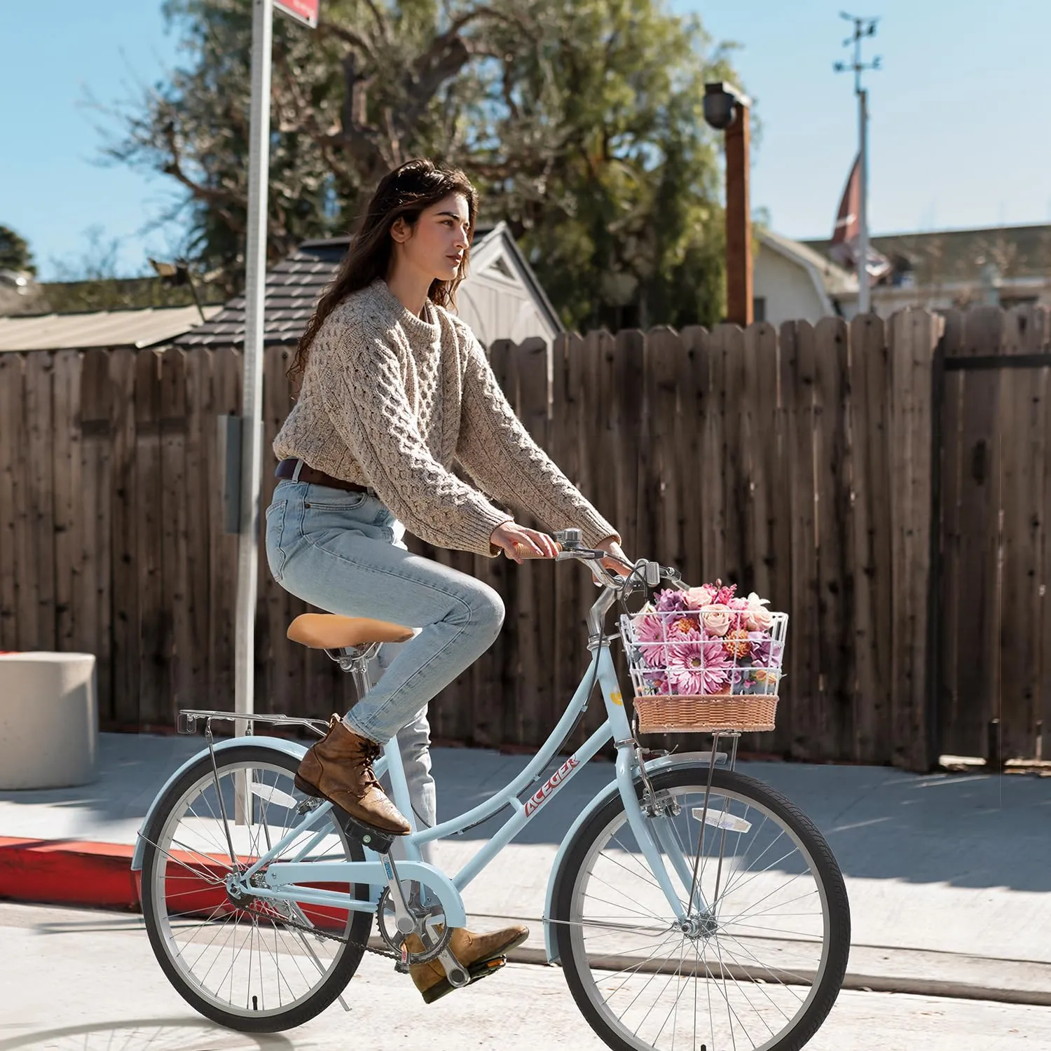 ACEGER Girls Bike with Rattan Basket for 10  Years, 24" 26" 1 & 7 Speed Comfort Commute Bicycle, Included Dual Brakes & Seat Rack, Adjustable Handlebar & Saddle,Multiple Colors