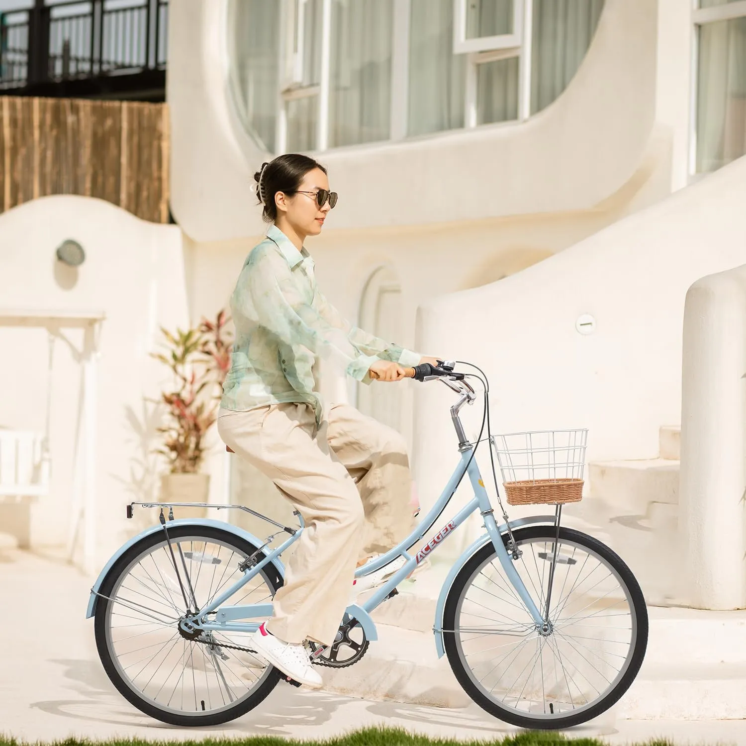 ACEGER Girls Bike with Rattan Basket for 10  Years, 24" 26" 1 & 7 Speed Comfort Commute Bicycle, Included Dual Brakes & Seat Rack, Adjustable Handlebar & Saddle,Multiple Colors