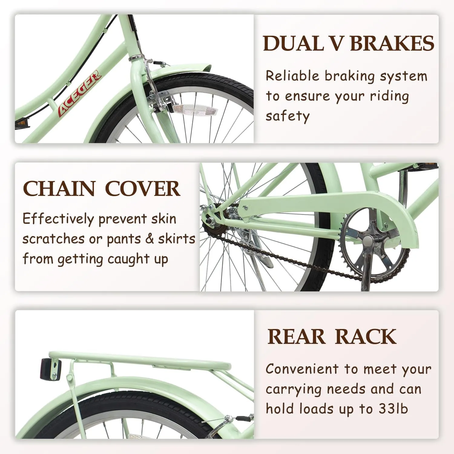 ACEGER Girls Bike with Rattan Basket for 10  Years, 24" 26" 1 & 7 Speed Comfort Commute Bicycle, Included Dual Brakes & Seat Rack, Adjustable Handlebar & Saddle,Multiple Colors