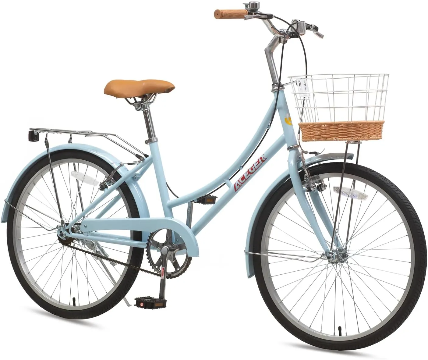 ACEGER Girls Bike with Rattan Basket for 10  Years, 24" 26" 1 & 7 Speed Comfort Commute Bicycle, Included Dual Brakes & Seat Rack, Adjustable Handlebar & Saddle,Multiple Colors