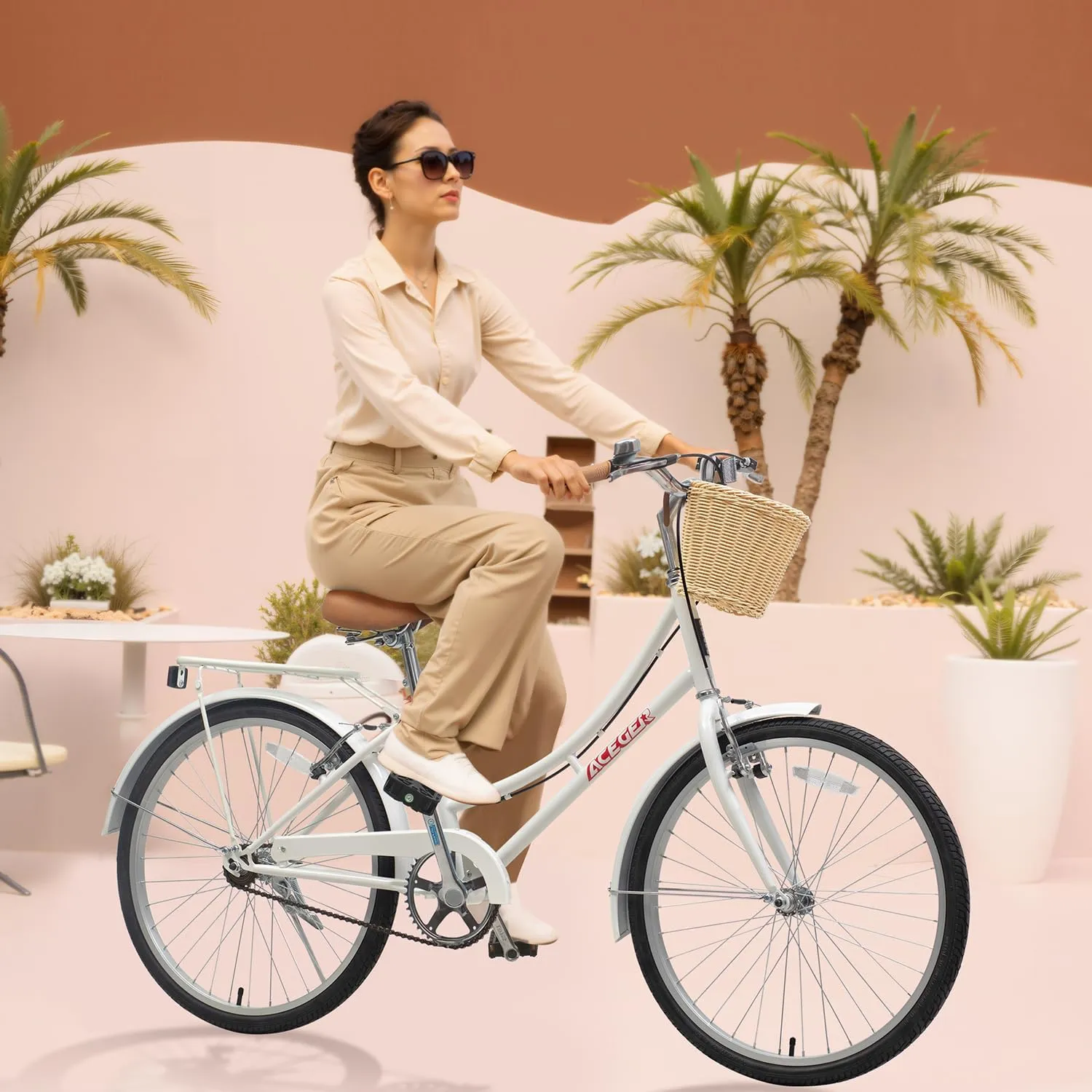 ACEGER Girls Bike with Rattan Basket for 10  Years, 24" 26" 1 & 7 Speed Comfort Commute Bicycle, Included Dual Brakes & Seat Rack, Adjustable Handlebar & Saddle,Multiple Colors