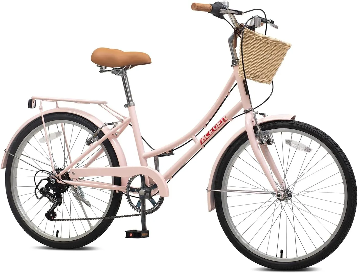 ACEGER Girls Bike with Rattan Basket for 10  Years, 24" 26" 1 & 7 Speed Comfort Commute Bicycle, Included Dual Brakes & Seat Rack, Adjustable Handlebar & Saddle,Multiple Colors