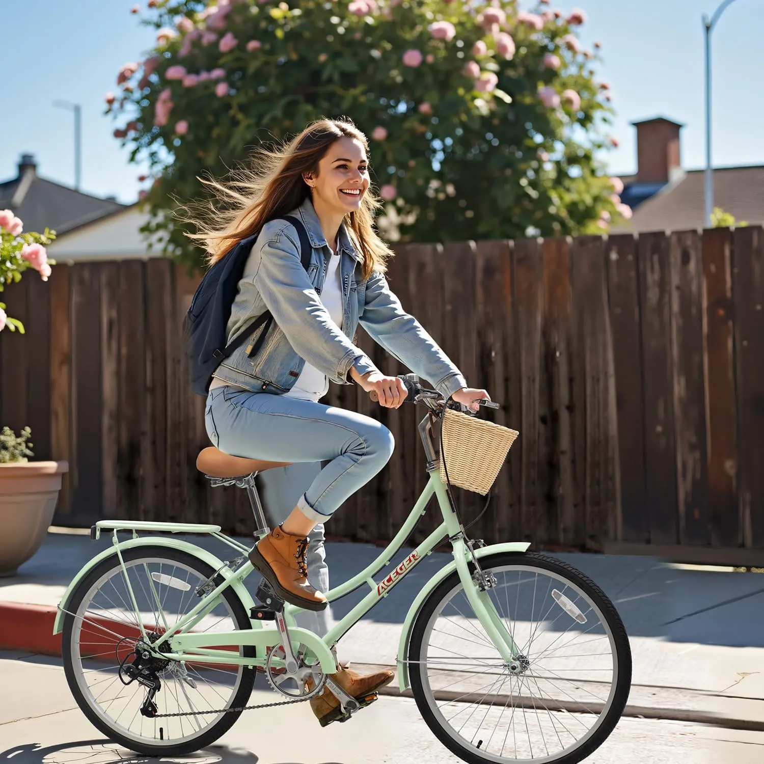 ACEGER Girls Bike with Rattan Basket for 10  Years, 24" 26" 1 & 7 Speed Comfort Commute Bicycle, Included Dual Brakes & Seat Rack, Adjustable Handlebar & Saddle,Multiple Colors