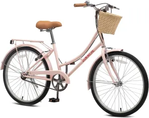 ACEGER Girls Bike with Rattan Basket for 10  Years, 24" 26" 1 & 7 Speed Comfort Commute Bicycle, Included Dual Brakes & Seat Rack, Adjustable Handlebar & Saddle,Multiple Colors