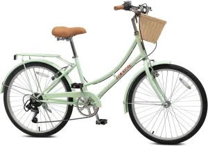 ACEGER Girls Bike with Rattan Basket for 10  Years, 24" 26" 1 & 7 Speed Comfort Commute Bicycle, Included Dual Brakes & Seat Rack, Adjustable Handlebar & Saddle,Multiple Colors