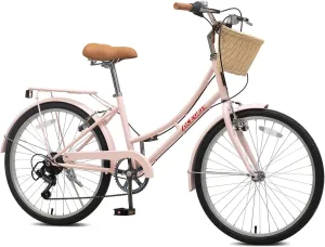 ACEGER Girls Bike with Rattan Basket for 10  Years, 24" 26" 1 & 7 Speed Comfort Commute Bicycle, Included Dual Brakes & Seat Rack, Adjustable Handlebar & Saddle,Multiple Colors