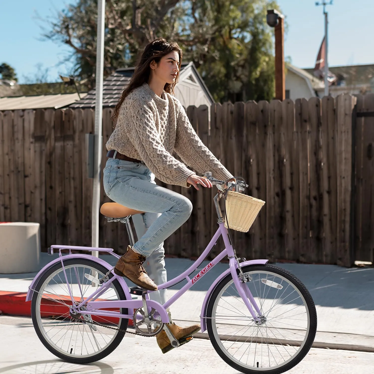 ACEGER Girls Bike with Rattan Basket for 10  Years, 24" 26" 1 & 7 Speed Comfort Commute Bicycle, Included Dual Brakes & Seat Rack, Adjustable Handlebar & Saddle,Multiple Colors