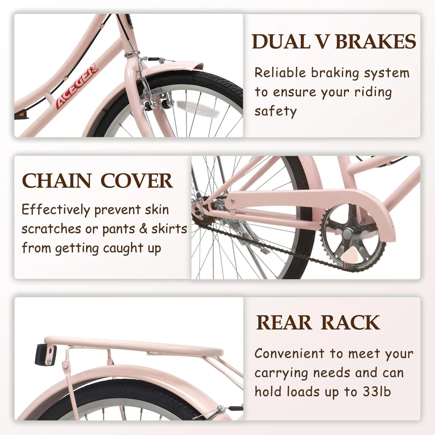 ACEGER Girls Bike with Rattan Basket for 10  Years, 24" 26" 1 & 7 Speed Comfort Commute Bicycle, Included Dual Brakes & Seat Rack, Adjustable Handlebar & Saddle,Multiple Colors