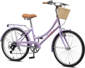 ACEGER Girls Bike with Rattan Basket for 10  Years, 24" 26" 1 & 7 Speed Comfort Commute Bicycle, Included Dual Brakes & Seat Rack, Adjustable Handlebar & Saddle,Multiple Colors