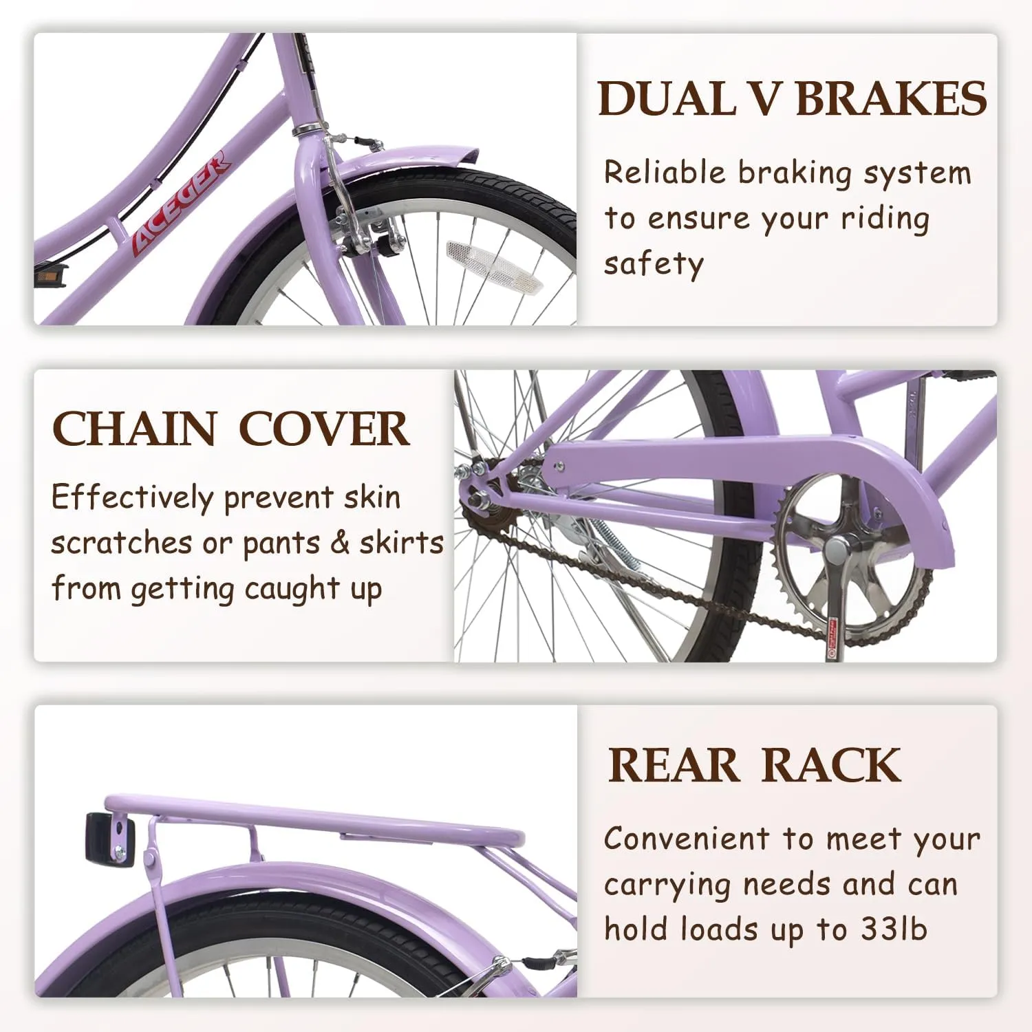 ACEGER Girls Bike with Rattan Basket for 10  Years, 24" 26" 1 & 7 Speed Comfort Commute Bicycle, Included Dual Brakes & Seat Rack, Adjustable Handlebar & Saddle,Multiple Colors