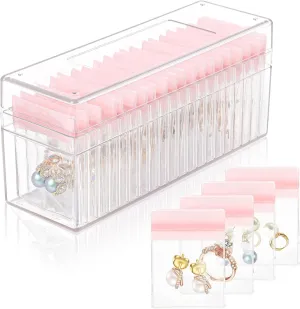 Acrylic Jewelry Box Organizer Holder with 40 Portable Anti Tarnish Bags for Earrings/Rings/Necklaces (Pink)