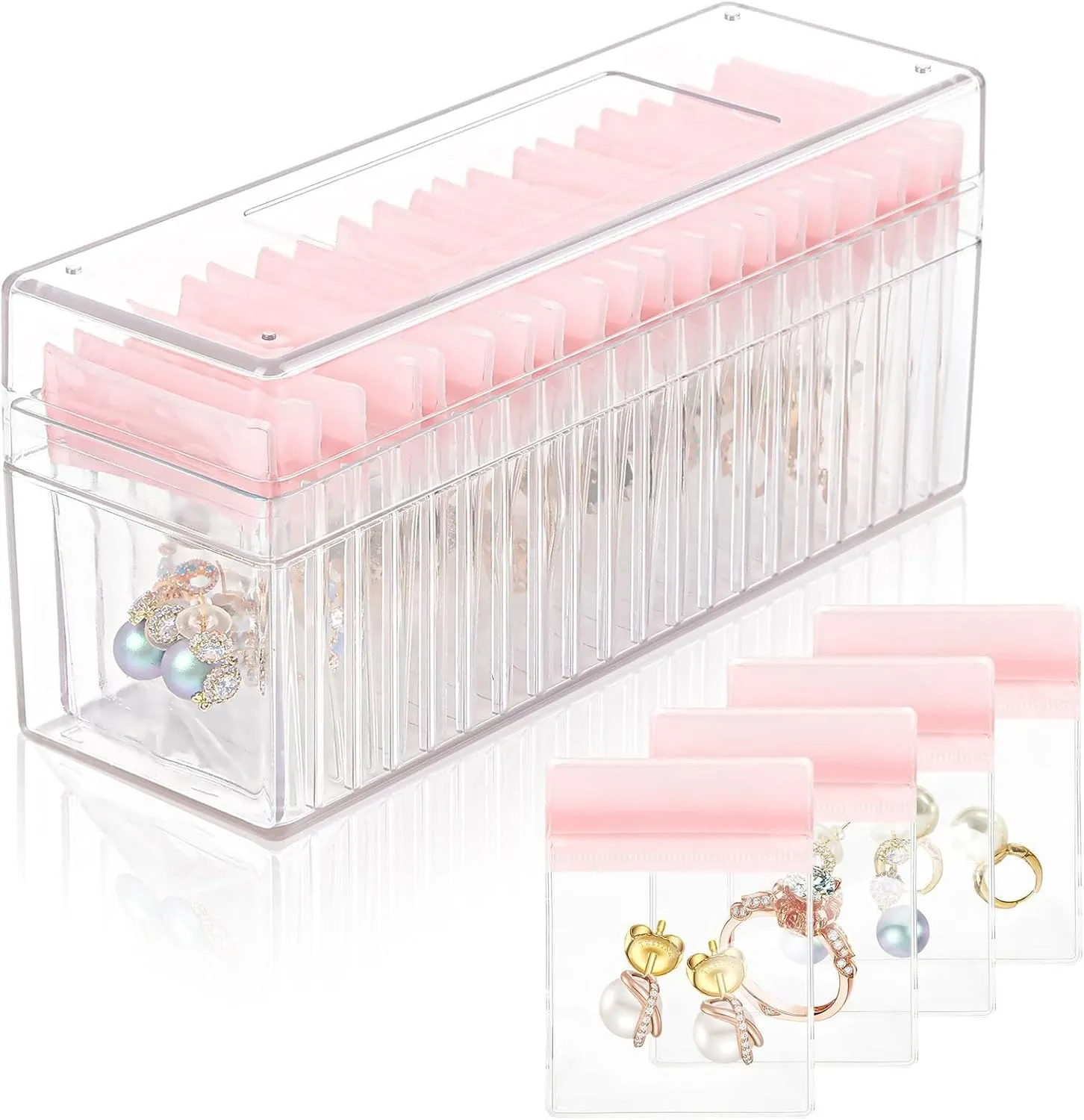 Acrylic Jewelry Box Organizer Holder with 40 Portable Anti Tarnish Bags for Earrings/Rings/Necklaces (Pink)