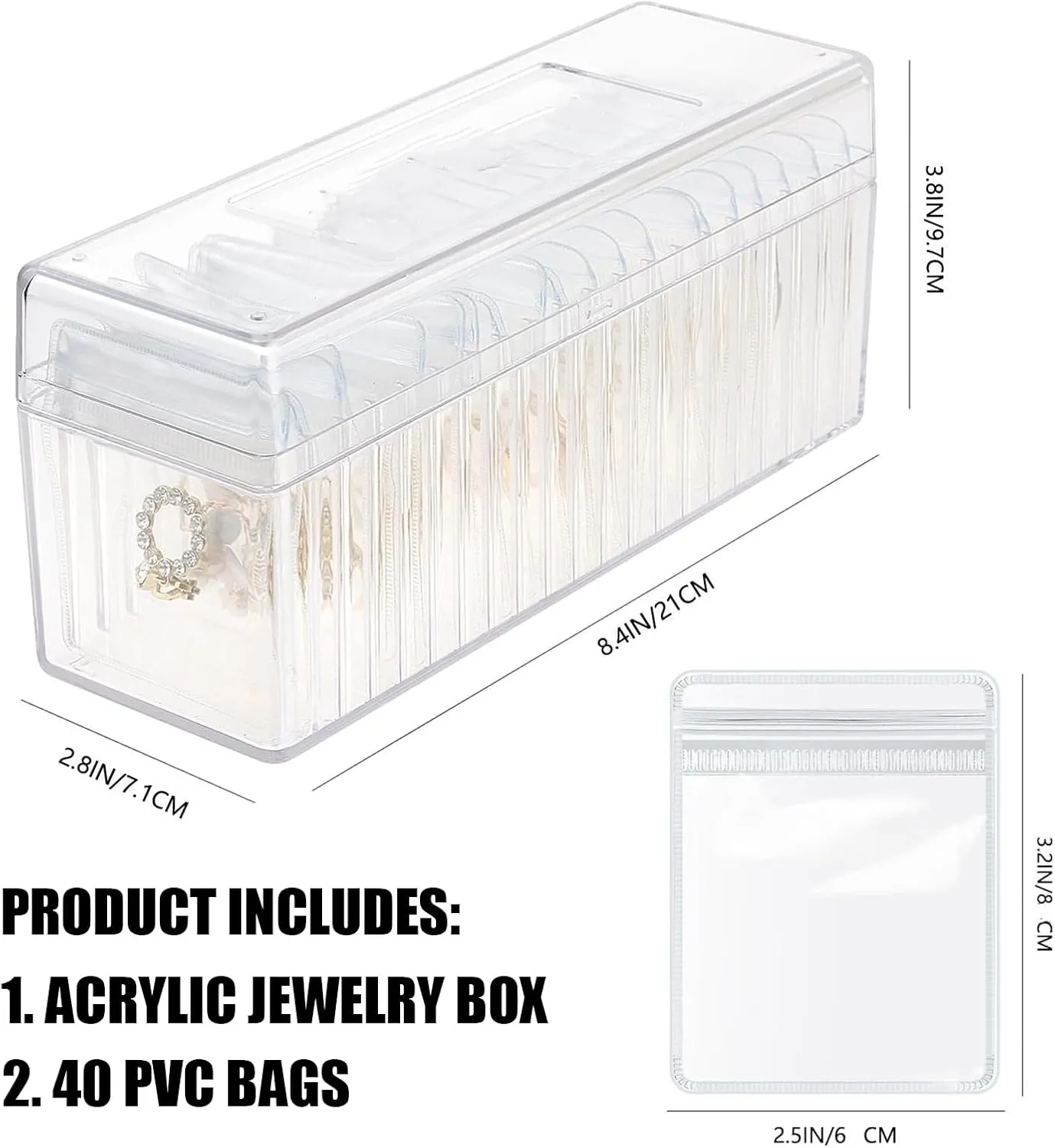 Acrylic Jewelry Box Organizer Holder with 40 Portable Anti Tarnish Bags for Earrings/Rings/Necklaces (Pink)