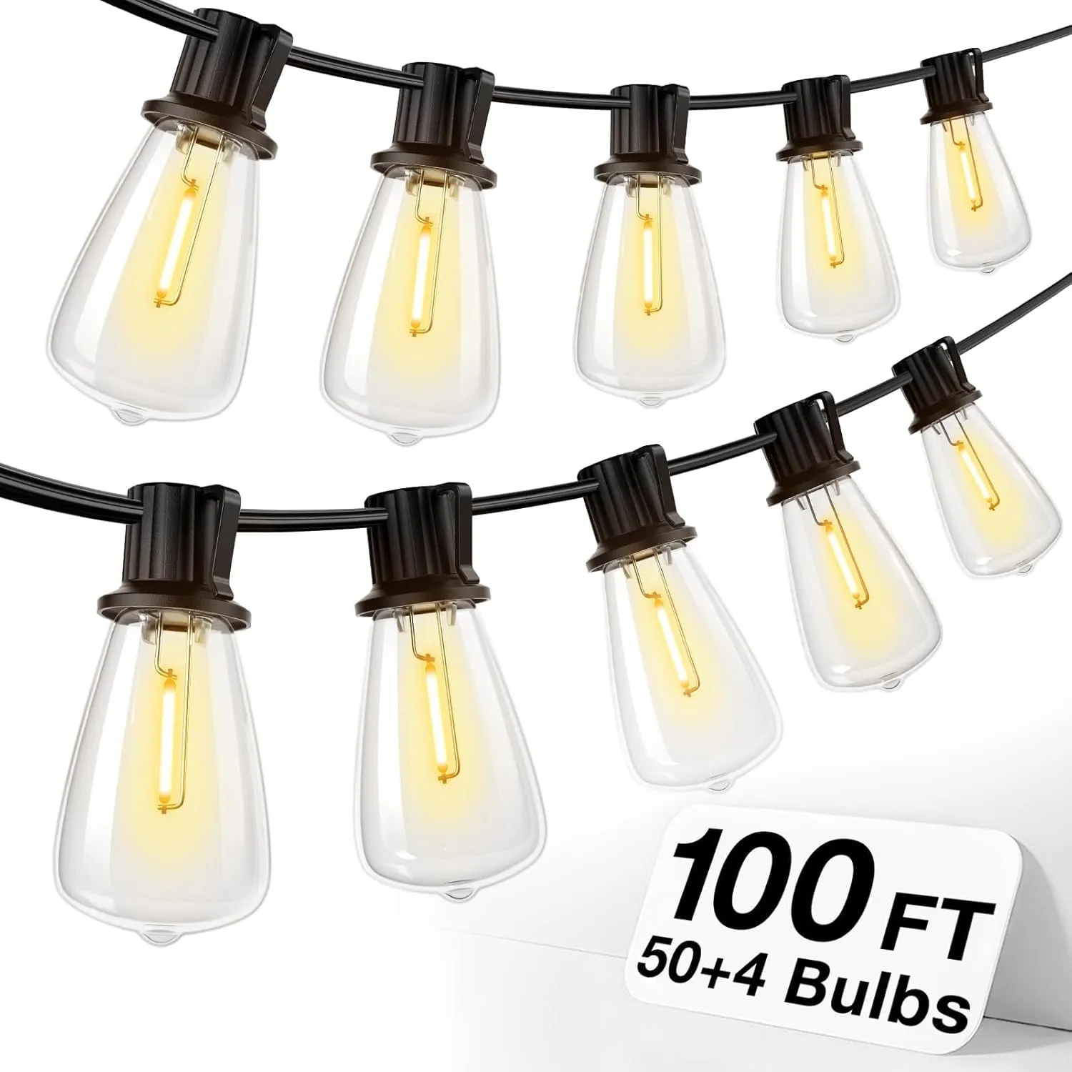 addlon 100FT(50FT*2) LED Outdoor String Lights Waterproof Patio Lights with 54 Shatterproof ST38 Replaceable Bulbs(4 Spare), Dimmable Outside Hanging Lights Connectable for Porch, Backyard, 2200K
