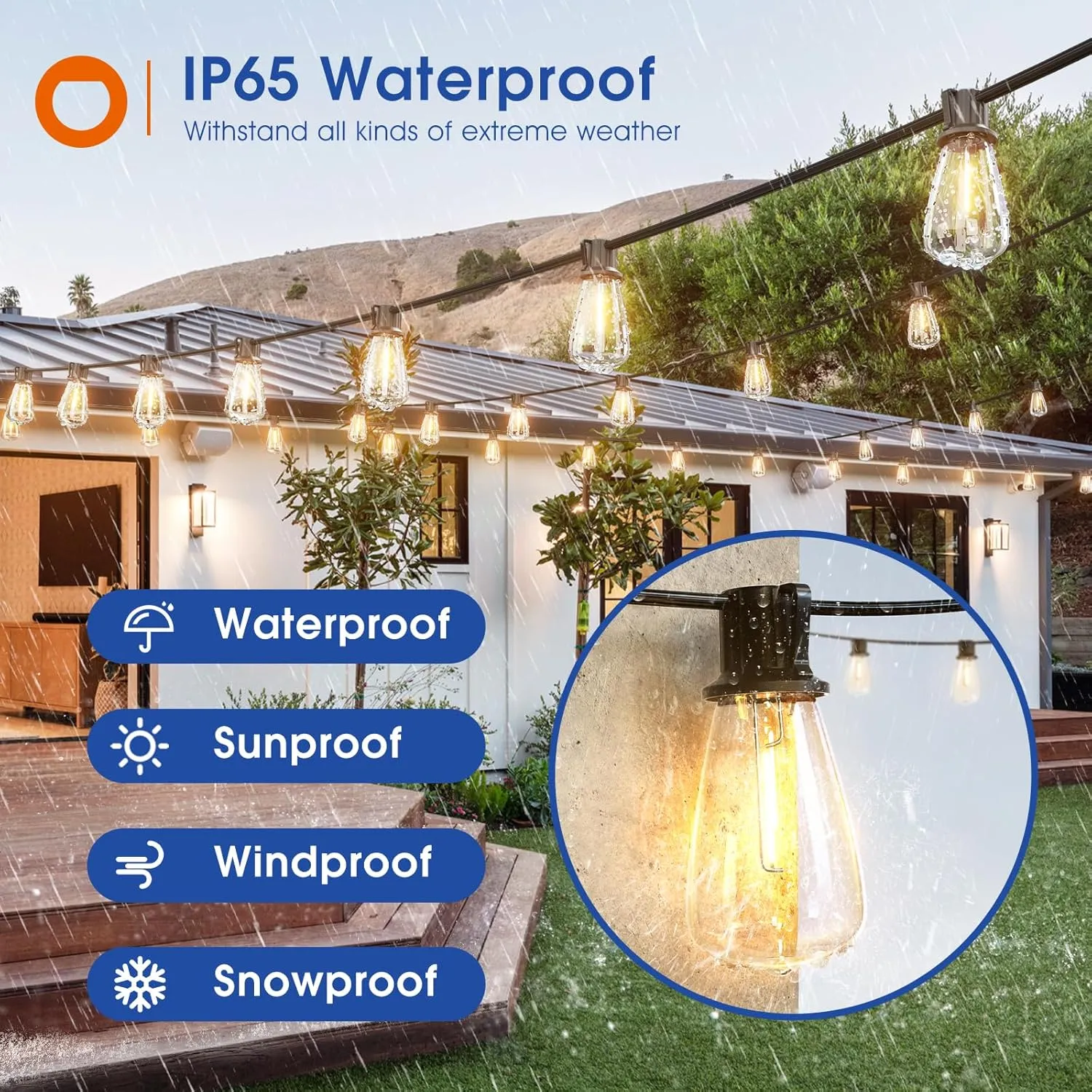addlon 100FT(50FT*2) LED Outdoor String Lights Waterproof Patio Lights with 54 Shatterproof ST38 Replaceable Bulbs(4 Spare), Dimmable Outside Hanging Lights Connectable for Porch, Backyard, 2200K