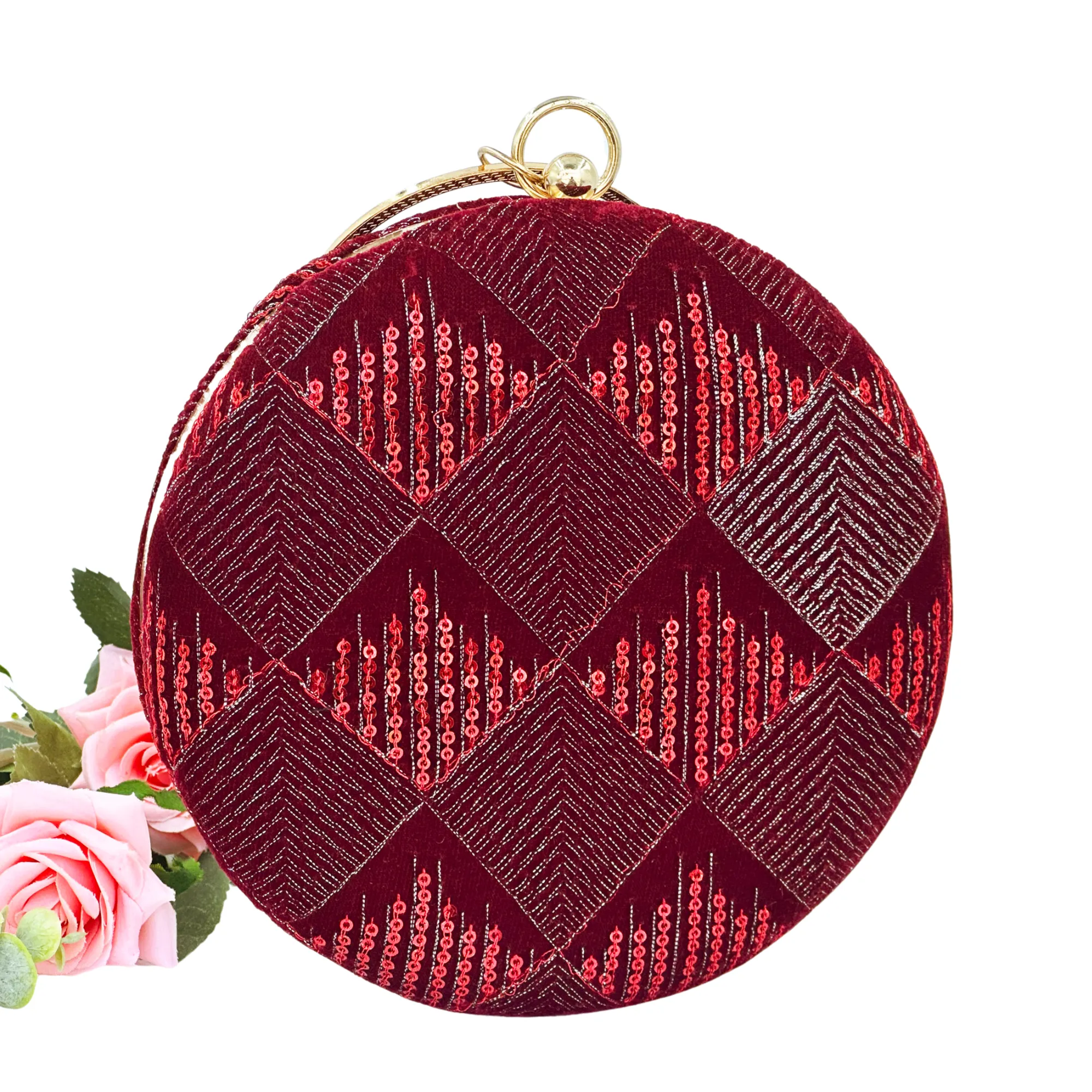 AESTHETIC RED SEQUINED ROUND PARTY CLUTCH