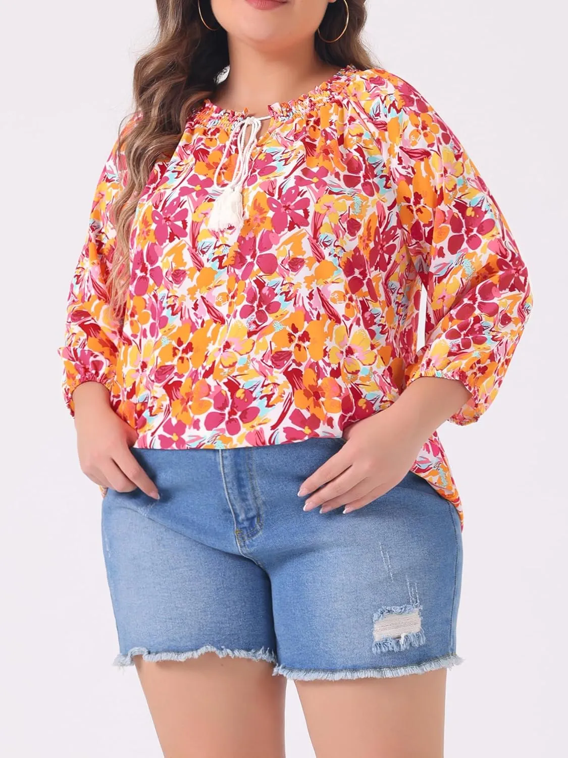 Agnes Orinda Women's Casual Plus Size Boho Floral Loose Tops Tie 3/4 Sleeve Beach Shirts Tunic Blouses