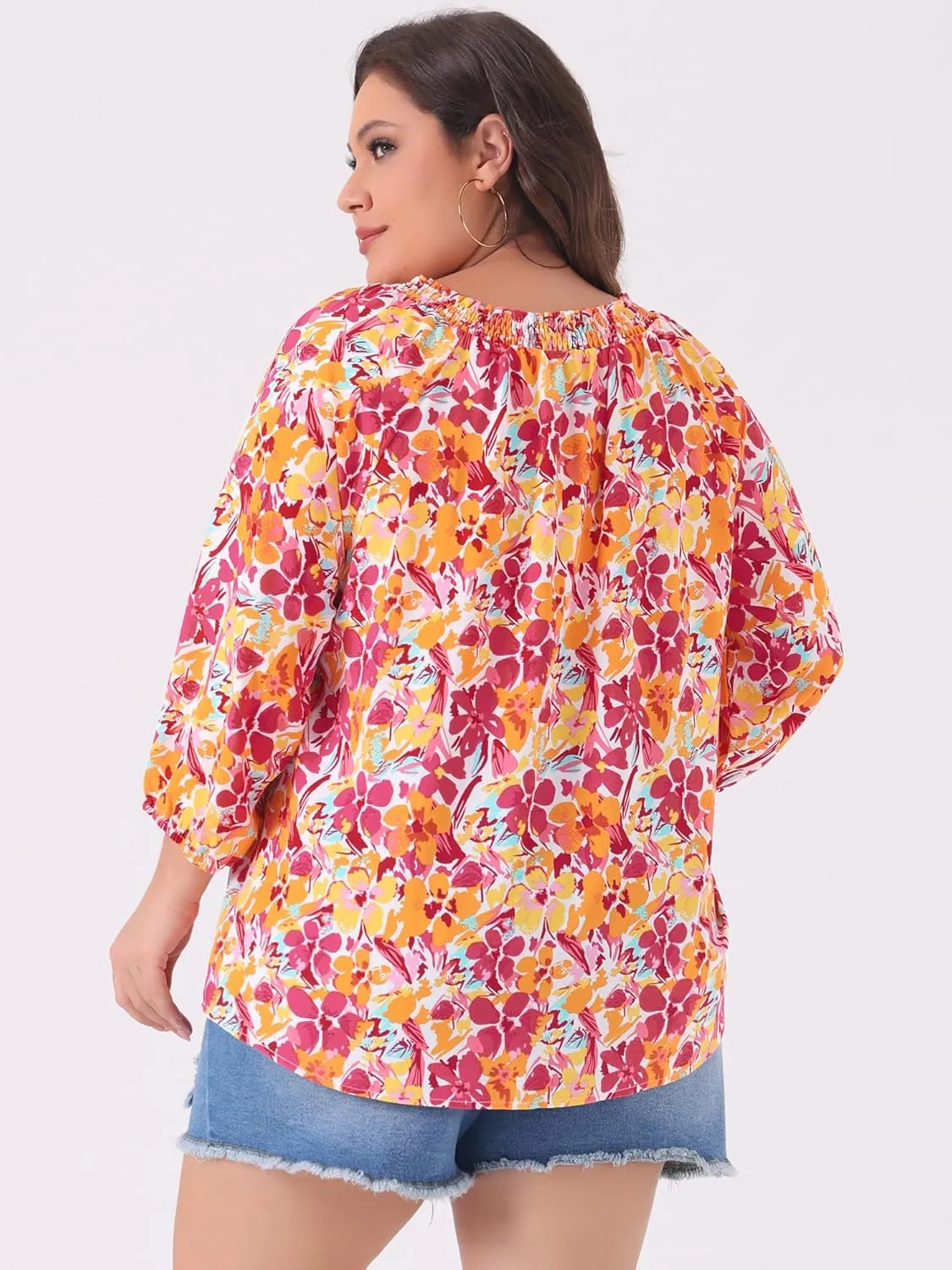 Agnes Orinda Women's Casual Plus Size Boho Floral Loose Tops Tie 3/4 Sleeve Beach Shirts Tunic Blouses