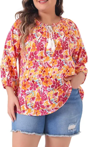 Agnes Orinda Women's Casual Plus Size Boho Floral Loose Tops Tie 3/4 Sleeve Beach Shirts Tunic Blouses