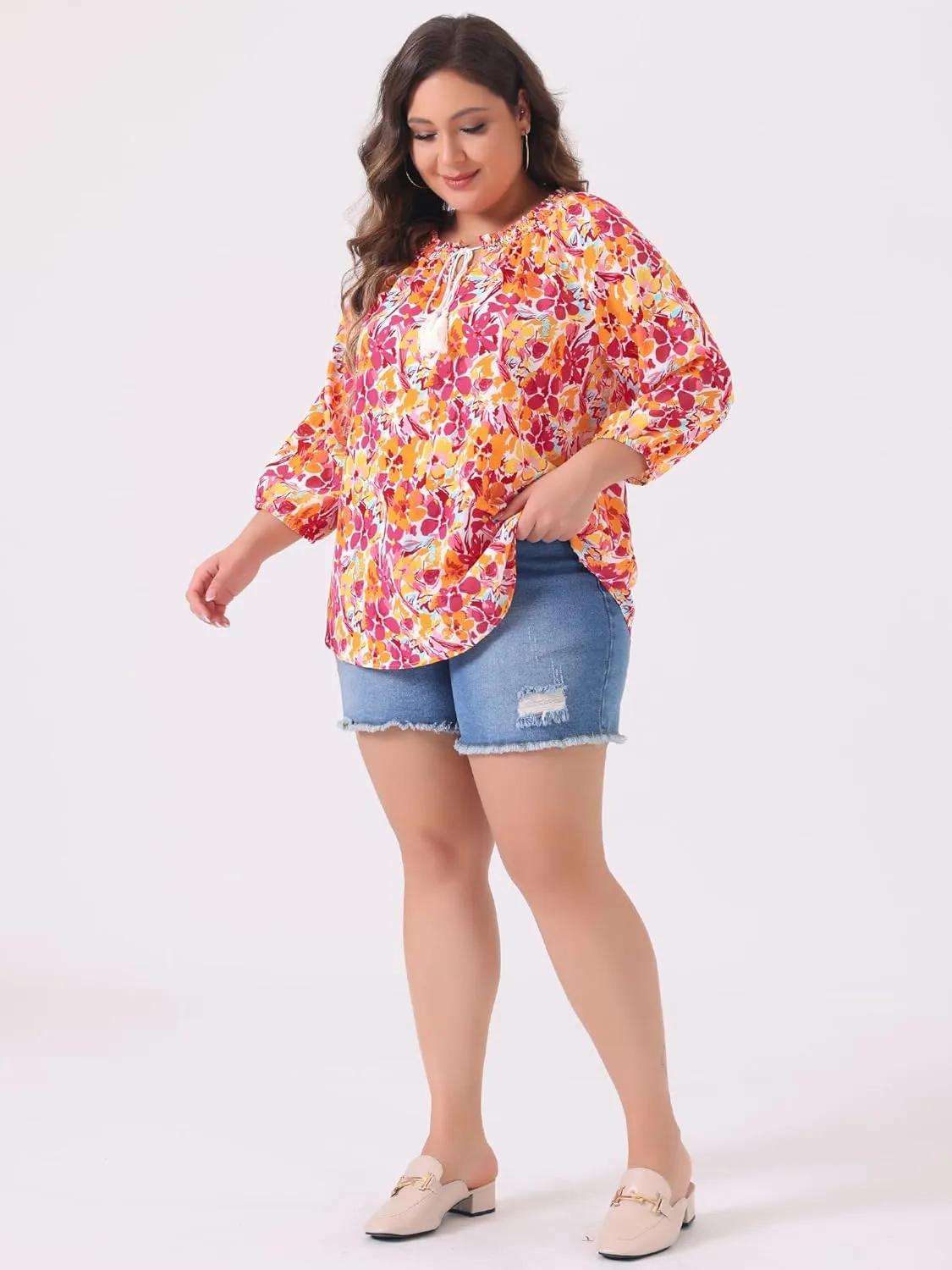 Agnes Orinda Women's Casual Plus Size Boho Floral Loose Tops Tie 3/4 Sleeve Beach Shirts Tunic Blouses