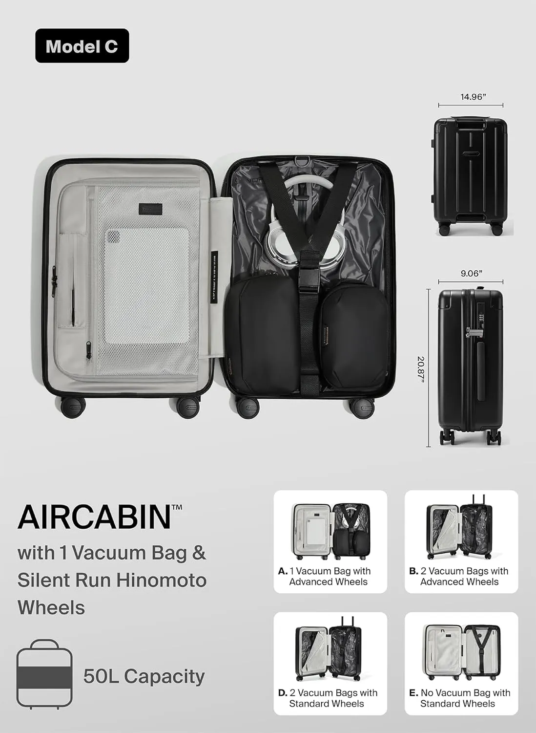Air Vacuum Seal Suitcase Carry-On 20-Inch Travel Luggage USB Port 20" AirCabin Air Compression Pump - Hinomoto Wheels (AirCabin, Matte Black, 50L Capacity (1 Vacuum Bag))