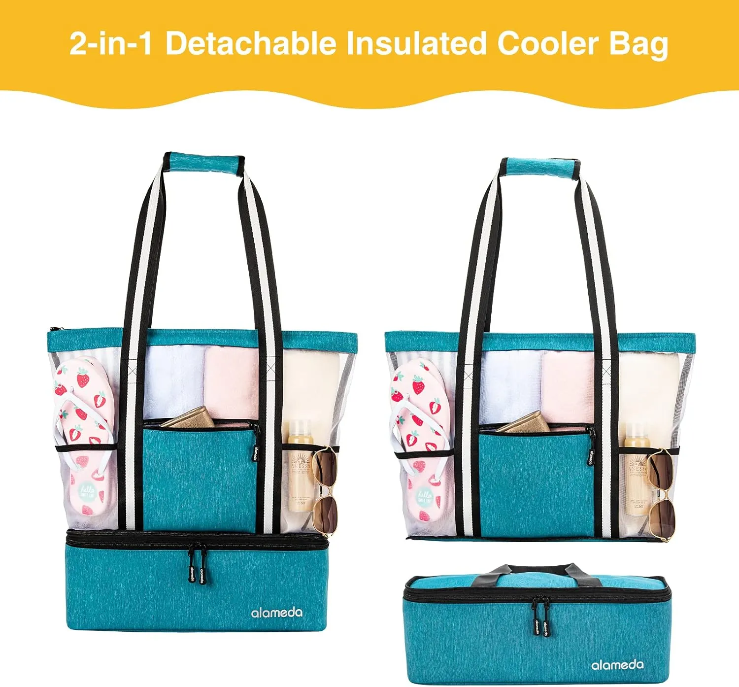 Alameda Mesh Tote Beach Cooler - Insulated Travel Bag with Zipper Top, High Capacity for Beach, Pool