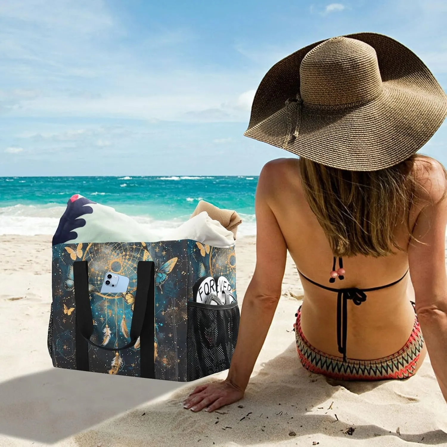 ALAZA Butterflies Stars and Dreamcatcher Waterproof Beach Tote Bags