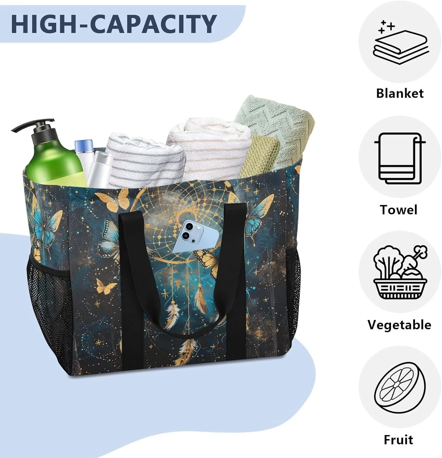 ALAZA Butterflies Stars and Dreamcatcher Waterproof Beach Tote Bags
