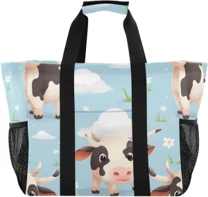 ALAZA Cow Portrait Cartoon Space Waterproof Beach Tote Bags