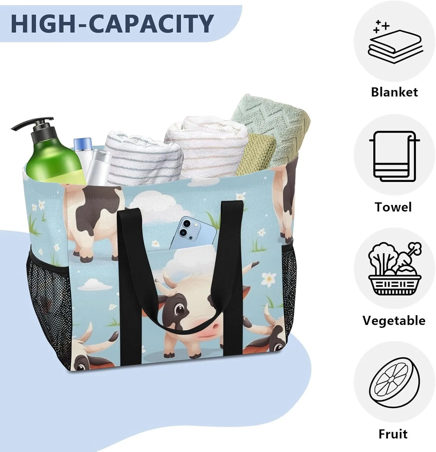 ALAZA Cow Portrait Cartoon Space Waterproof Beach Tote Bags