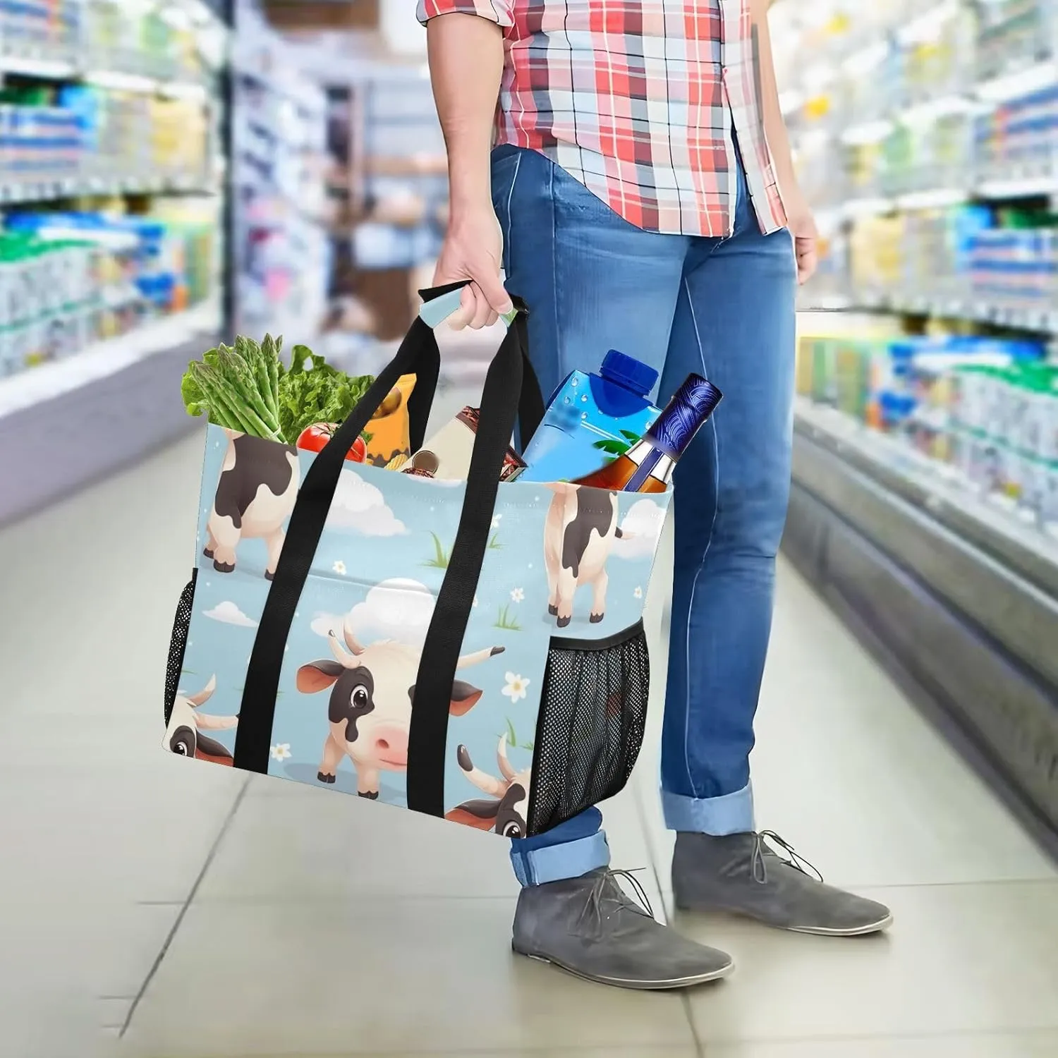 ALAZA Cow Portrait Cartoon Space Waterproof Beach Tote Bags