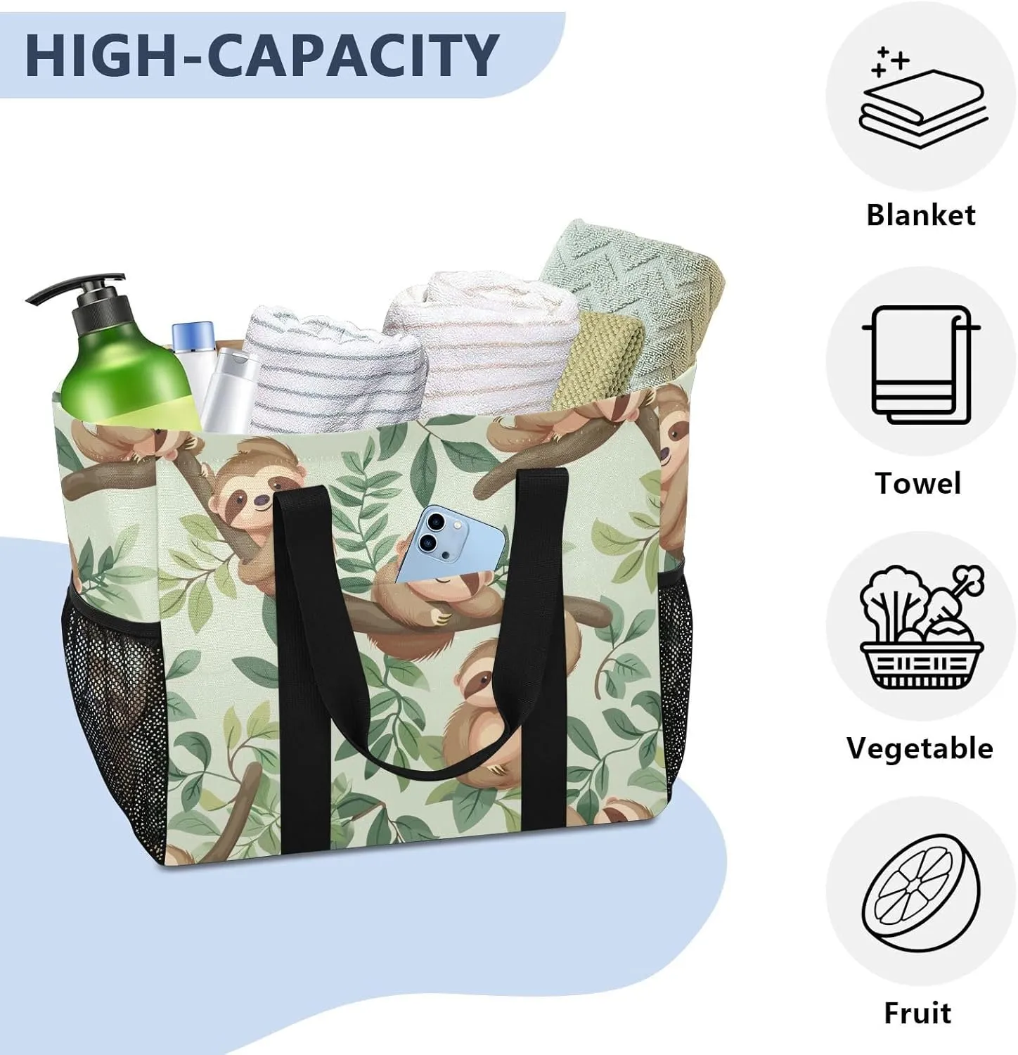 ALAZA Cute Sloth and Palm Leaves Seamlee Waterproof Beach Tote Bags